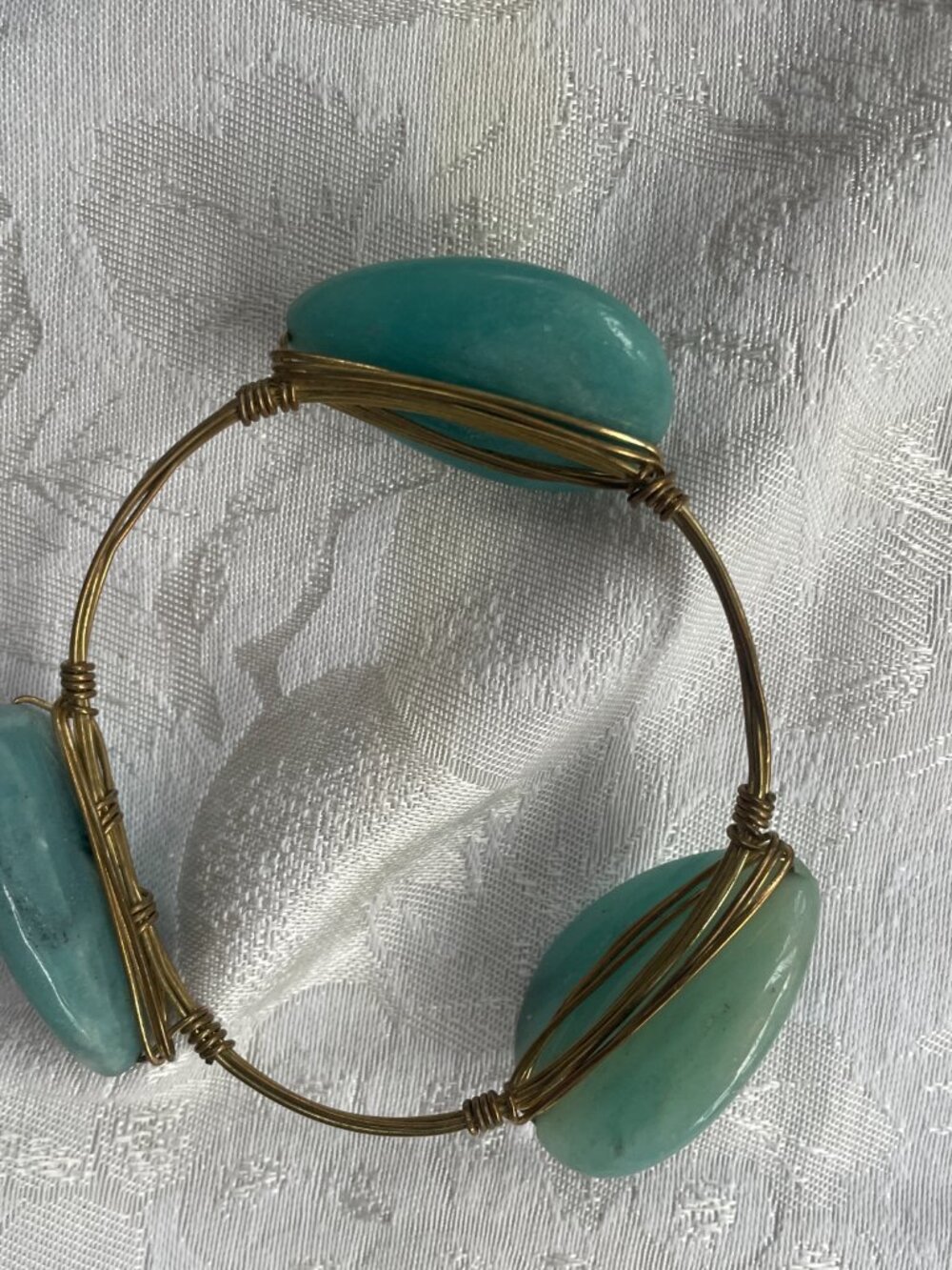 Wire wrapped bangle bracelet with 3 large green Amazonite stones 52g - Picture 2 of 4